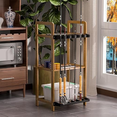 Tcakelox 2 Packs Fishing Rod Holder for Garage Vertical Wall-Mounted Stores 12 Rods or Combos Fits Most Rod Diameters (Vertical Black, 2 Pair 12 Rods)