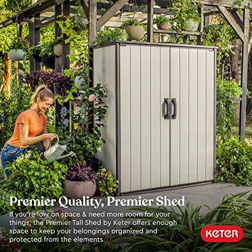 Keter Premier Tall 4.6x5.6 ft Resin Outdoor Storage Shed, Backyard Garden Shed with Shelving Brackets for Tools, Patio Furniture, Pool & Bike Storage, Grey & Black, 62 cu. ft Capacity