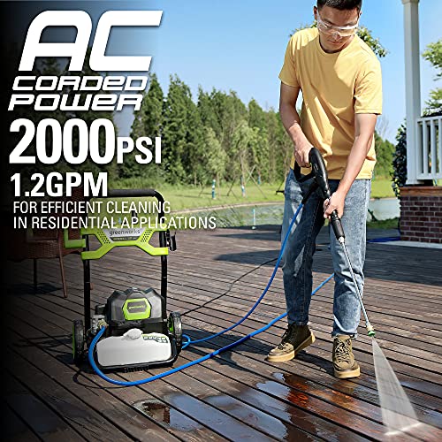 Greenworks 2000 PSI (1.2 GPM) Electric Pressure Washer (25°, 40°, Soap, and Turbo Nozzle) For Use On Decks, Fences, Concrete Patios, Sidewalks & More. Medium-Duty