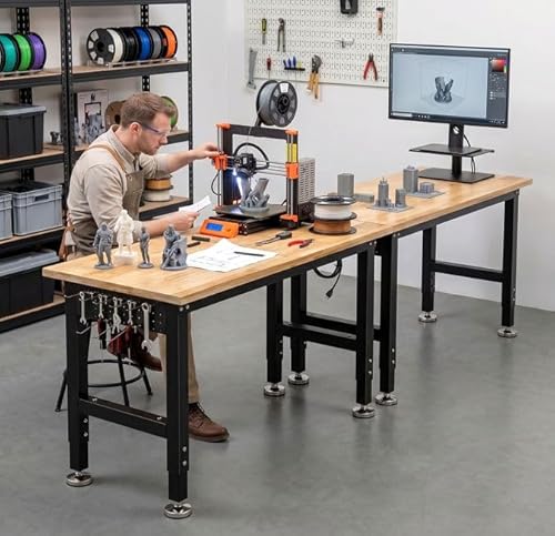 TLGREEN 48" Adjustable Workbench | Solid Rubberwood Top | 2000lbs Heavy-Duty Work Table | Pegboard, Hooks & Power Outlets | Garage, Workshop, Office