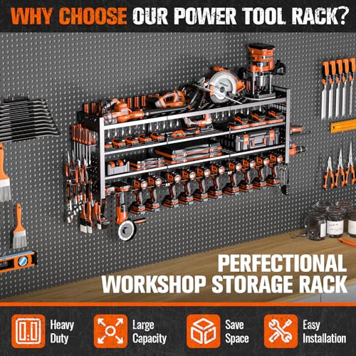 Shomextol 49.8" W Large Power Tool Organizer Wall Mount, Heavy Duty Tool Organizer with 14 cordless Drill Holder, 4 Layers Garage Organization and Storage Rack, Tool Rack for Garage Workshop, Black