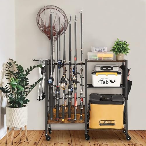 Olakee Fishing Rod Holder for Garage, 12 Fishing Pole Rack & Tackle Organizer, Fishing Gear Storage Cart for Home Entryway & Corner, Space Saving Rod Stand, Heavy Duty Gift for Men Dad Anglers