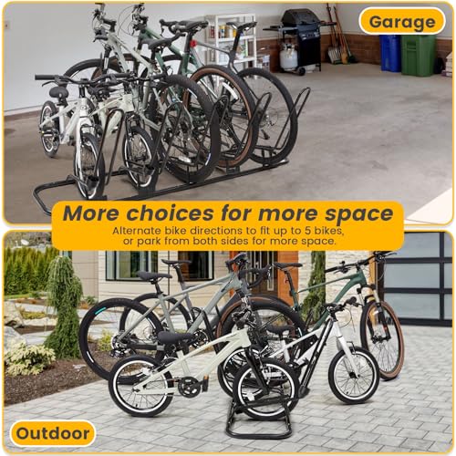 Kingarage Floor Bike Rack for 5 Bikes, Safeguard Disc Brakes & Derailleurs Design, Waterproof Bicycle Stand Indoor/Outdoor/Garage Use, Fits 12"-29" Tires, Upgraded 0.63" Steel Tubes for Stability