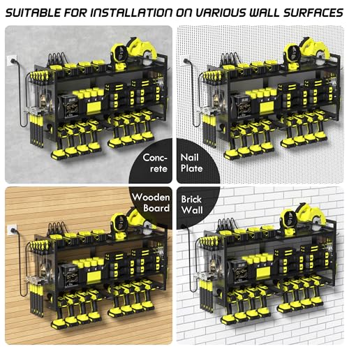 TOPRINCE Large Power Tool Organizer Wall Mount with Charging Station, 3-Tier Heavy Duty Metal Tool Rack with 8 Drill Holders and 6FT Power Strip, Garage Workshop Storage.Black