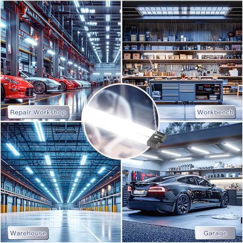 BBOUNDER 4 Pack Linkable LED Utility Shop Light, 4400 LM, Super Bright 6500K Cool Daylight, 4 FT Integrated Fixture for Garage, 40W Equivalent 250W, Surface + Suspension Mount, Black