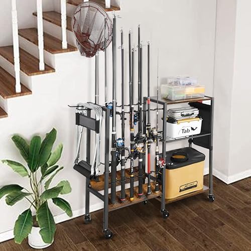 Olakee Fishing Rod Holder for Garage, 12 Fishing Pole Rack & Tackle Organizer, Fishing Gear Storage Cart for Home Entryway & Corner, Space Saving Rod Stand, Heavy Duty Gift for Men Dad Anglers