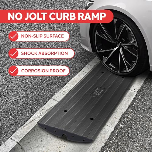 Car Vehicle Curbside Driveway Ramp - 4ft Heavy Duty Rubber Threshold Bridge Track Curb Ramp, for Loading Dock, Garage, Sidewalk, Truck, Scooter, Bike, Motorcycle, Wheelchair Mobility - Pyle PCRBDR21