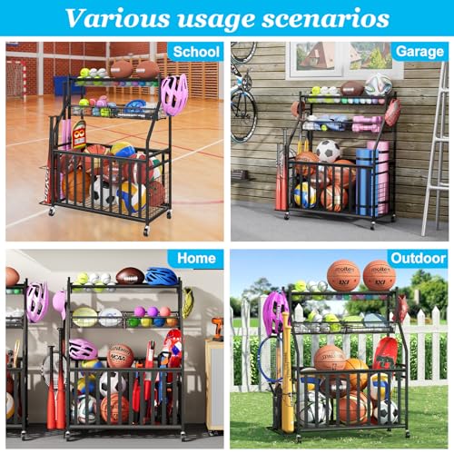 Jsskeeim Garage Sports Equipment Organizer,Sports Ball Organizer with Wheels,Mesh Pocket, Basket,Ball Organizer with Baseball Bat Rack and HooksToy Storage Rolling Cart-Black