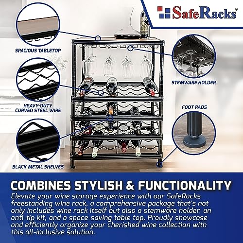 SafeRacks Freestanding Wine Rack with Wood Table Top and Glass Holder, Holds 24 Bottles and 9 Wine Glasses, Adjustable Metal Wine Storage Display Shelves for Kitchen, Bar, Dining Room - Matte Black