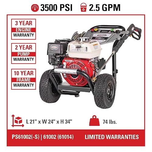 Simpson 3500 PSI Gas Pressure Washer, 2.5 GPM Commercial Power Washer, Honda Engine, Cold Water, 25' Hose, PowerShot, 49-State Compliant (PS3228)