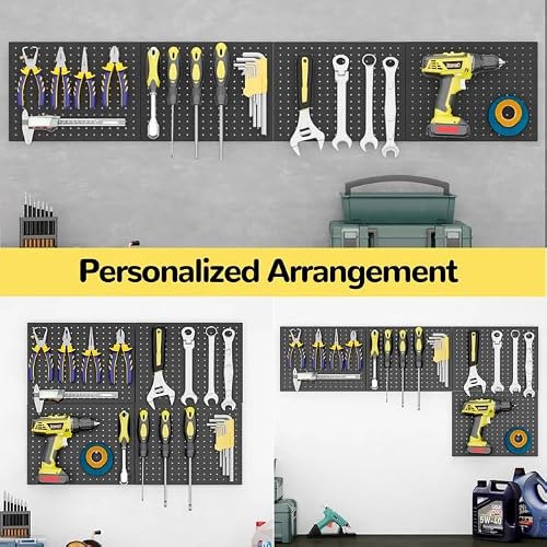 GEDELITE 4-Pack Heavy-Duty Metal Pegboard Organizer Kit - 16"x12" Black Steel Wall Control Panels with 8 Hooks for Garage Tools, Craft Rooms, and Home Office Storage