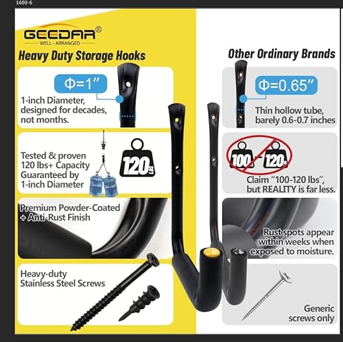 GEEDAR Heavy Duty Garage Storage Hooks -120 LB Capacity, 4packs, 15" Wall Mounted Rack for Hanging Kayak, Paddle Board, Ladders, Bikes Enforced Kayak Storage Hanger