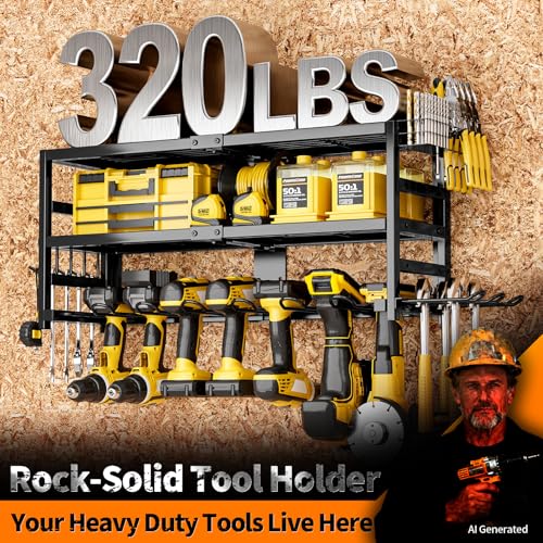 SEENWUUN Power Tool Organizer Wall Mount Heavy Duty 320 lbs, 3 Layers Storage Rack with 9 Drill Holders & Battery Storage, cordless tool organizer for Garage, Workshop & Tool Room