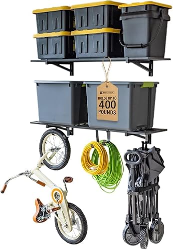 StoreYourBoard Garage Shelving Wall Mounted | 1x4 Heavy Duty Garage Wall Shelves 2-Pack, 12” Deep x 46.5” Long | Steel Wall Shelf Garage Storage Rack with Hooks, 200 lb Each / 400 lb Total, Black