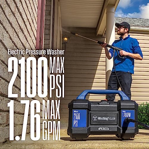 Westinghouse ePX3100v Electric Pressure Washer, 2100 Max PSI 1.76 Max GPM, Built-in Carry Handle, Detachable Foam Cannon, Pro-Style Steel Wand, 3-Nozzle Set, for Cars/Fences/Driveways/Home/Patios