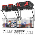 ThreeHio 2 Pack Garage Shelves Wall Mounted with Wire Baskets, Heavy Duty Garage Wall Shelving with Hooks, Wire Shelf Baskets Tool Organizer for Home Garden Garage Organization and Storage