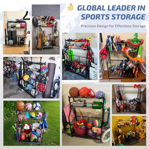 PLKOW Sports Equipment Organizer - Garage Storage Rack with Basket and Hooks, Garage Ball Storage for Toy and Sports Gear, Black
