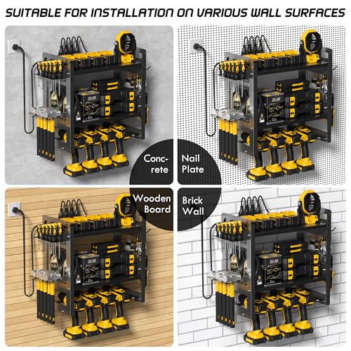 TOPRINCE Power Tool Organizer Wall Mount with Charging Station, 3-Tier Heavy Duty Metal Tool Rack with 4 Drill Holders and 6FT Power Strip, Garage Workshop Storage.Black