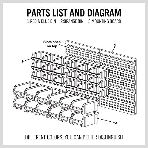 HORUSDY Wall Mounted Storage Bins Parts Rack 30PC Organizer Garage Plastic Shop Tool for Men's Gift, Blue,Orange,Red