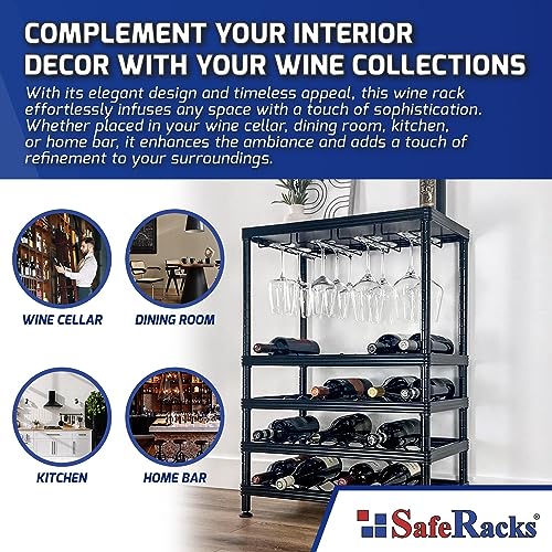 SafeRacks Freestanding Wine Rack with Wood Table Top and Glass Holder, Holds 24 Bottles and 9 Wine Glasses, Adjustable Metal Wine Storage Display Shelves for Kitchen, Bar, Dining Room - Matte Black