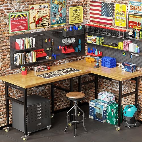 60” Heavy-Duty Solid Wood Work Bench Work Table with Wheels, Adjustable Height Portable Workbench with Power Outlets, 3000 Lbs Capacity Workstation for Garage, Workshop