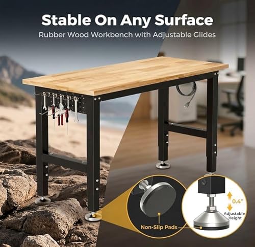 TLGREEN 48" Adjustable Workbench | Solid Rubberwood Top | 2000lbs Heavy-Duty Work Table | Pegboard, Hooks & Power Outlets | Garage, Workshop, Office