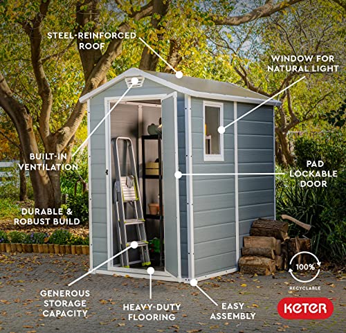Keter Manor 4x6 Resin Outdoor Storage Shed Kit-Perfect to Store Patio Furniture, Garden Tools Bike Accessories, Beach Chairs and Lawn Mower, Grey & White