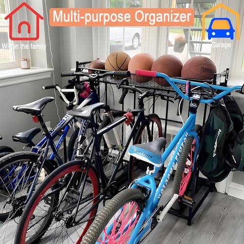 LuckySlycyc 4 Bike Rack Garage,4 Bike Stand for Garage,4 Bike Storage Rack,With storage basket adjustable hooks black metal bike stand floor for most 3"- 4" tyres bikes (4 Grids)