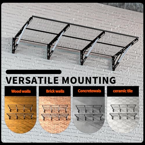 Lamorland Heavy Duty Foldable Garage Storage Shelves Wall Mounted Metal Rack Unit Organizer with Removable Edge Barriers, Adjustable System for Corner Wall Use, 52.76 Inch Long 24.45 Inch Large