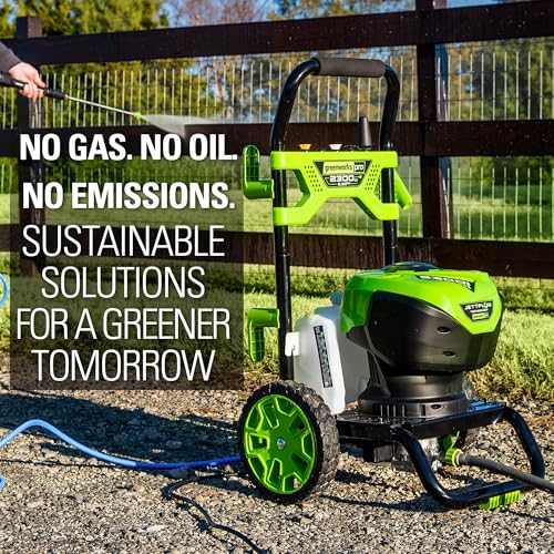 Greenworks 2300 PSI (2.3 GPM Max) Electric Pressure Washer (25°, 40°, Soap, and Turbo Nozzle) For Use On Decks, Fences, Concrete Patios, Sidewalks & More. Medium-Duty