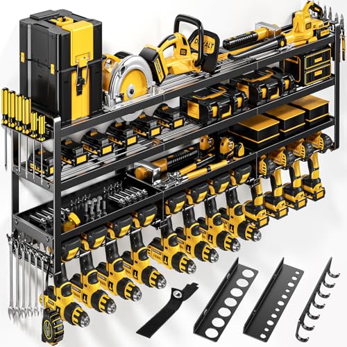 POKIPO 49" W Large Power Tool Organizer Wall Mount, 4 Layer Heavy Duty Loads 800 lbs, Tool Storage Rack Holds 12 Cordless Drills, Large Capacity Battery Holder for Garage, Gift for Men