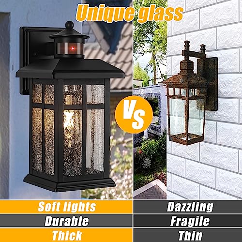 Motion Sensor Outdoor Wall Lights 2 Packs- Updated Dusk to Dawn Outdoor Lighting, Exterior Light Fixtures with E26 Sockets & Tempered Glass, Wall Mounted Black Waterproof Outdoor Lights for House