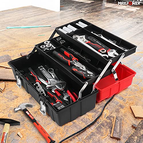 MAXPOWER 16-Inch Tool Box, Three-Layer Folding Plastic Storage Toolbox, Multi-Function Organizer with Tray and Dividers, Tools Box with Stainless Steel Lock