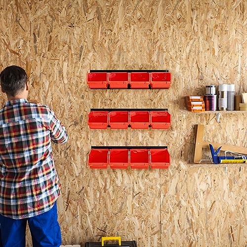 Ultrawall Wall Mounted Storage Bins, Plastic Hanging Storage Organizer Bins, Garage Tool Storage System for Screws, Nuts, Bolts, Nails, and Small Hardware Parts, 12x bins & 3 x rails, Orange