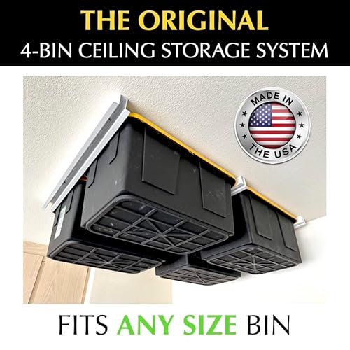 E-Z Garage Storage Overhead Bin Storage Rack Organization System - Store 4 Bins on Garage Ceiling/Adjustable to Fit Any Size Tub - Made In USA