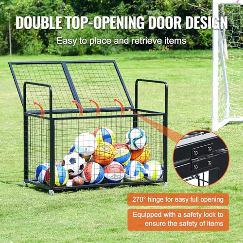 VEVOR Rolling Sports Ball Storage Cart, Lockable Basketball Cage with Double Lids, Sport Equipment Holder Organizer for Indoor Outdoor, Steel Storage Rack for Garages, Playgroup, Gym and Schools