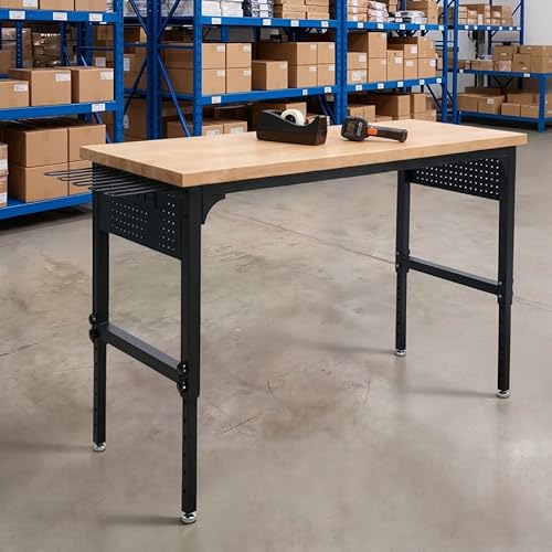60" Adjustable Heavy Duty Workbench, 2300 LBS Load Capacity Hardwood Work Table with Pegboard, Power Outlets, USB & Type-C Ports, Work Bench for Garage, Office, Workshop, Home, Workstation