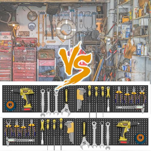 GEDELITE 4-Pack Heavy-Duty Metal Pegboard Organizer Kit - 16"x12" Black Steel Wall Control Panels with 8 Hooks for Garage Tools, Craft Rooms, and Home Office Storage
