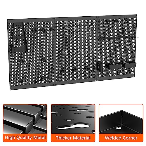 TORACK 3 PCS Metal Pegboard Panels for Garage Wall Utility Tools Storage Pegboard for Workbench, Modular Peg Board Tool Organizer Board Kit(Pack of 3, Black)