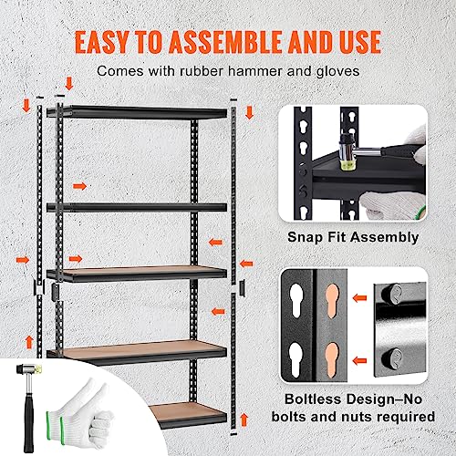 VEVOR Storage Shelving Unit, 5-Tier Adjustable, 2000 lbs Capacity, Heavy Duty Garage Shelves Metal Organizer Utility Rack, Black, 48" L x 18" W x 72" H for Kitchen Pantry Basement Bathroom Laundry