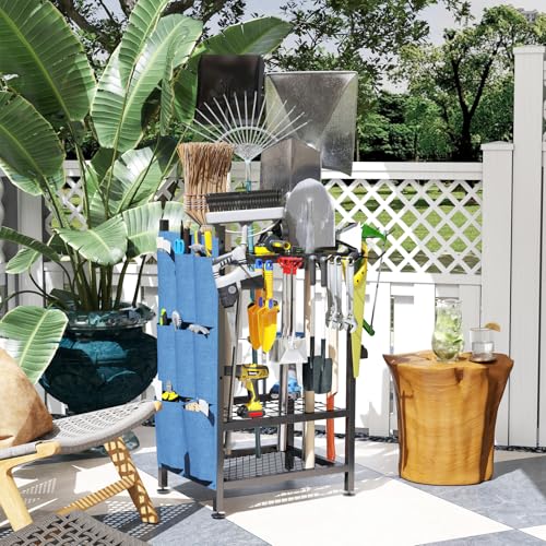 SAMRELAX Garden Tool Organizer, Garden Yard Tool Rack for Garage, Garage Organization and Storage, Metal Yard Tools Storage up to 46 Tools/Rake/Broom/shovel/, Suitable for Garage, Yard, Patio, Shed