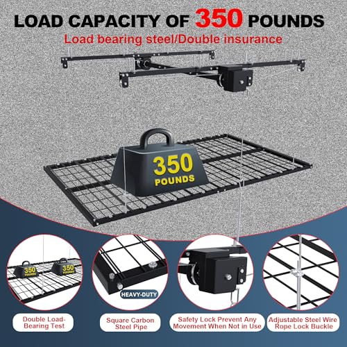 4x8 FT Overhead Garage Storage Rack for High Ceilings 10-12 FT, 350Lbs Heavy-duty Steel Garage Ceiling Rack with Safety Lock, Ideal for Overhead Storage Mounted Lift System and Garage Organizer