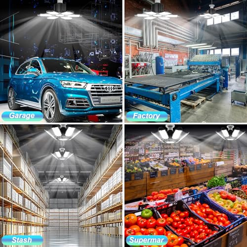 LUCORUSC Led Garage Lights Bulb 6 Pack 200W Super Bright Ceiling Led Shop Lights, E26/E27 Base, 6500K, 22000LM Deformable Led Garage Light for Basement, Attic and Workshop Commercial Bay Lighting