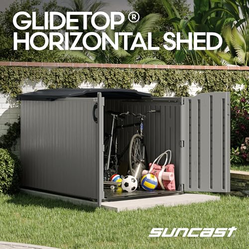 Suncast 138 Cu Ft Horizontal Outdoor Storage Shed, 57.5"x79.75"x52" Glidetop Outdoor Shed with Sliding Lid, Resin Storage Sheds with Floor for Bikes, Motorcycles, & Lawn Mower, Made in the USA