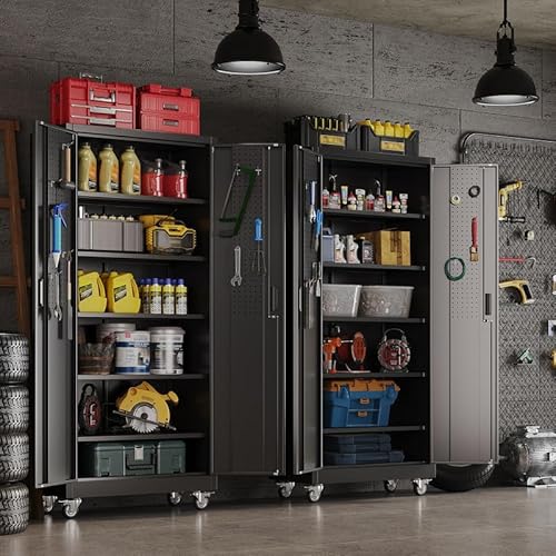 Aobabo Lockable Metal Garage Storage Cabinet with Wheels and Door Pegboard, 5 Adjustable Shelves for Tools, Workshop, Office and Home Utility Storage, Black, 16" D x 32" W x 71" H,Required Assembly