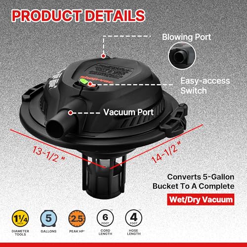 Shop-Vac 2.5 Peak HP Wet/Dry Vac Bucket Head, Fits 5 Gallon Bucket (Sold Separately), Portable Shop Vacuum, 1.25 Inch Diameter x 4 Foot Hose, 6 Foot Cord, Ideal for Jobsite, Garage, Workshop & Home