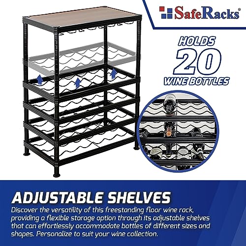 SafeRacks Freestanding Wine Rack with Wood Table Top and Glass Holder, Holds 24 Bottles and 9 Wine Glasses, Adjustable Metal Wine Storage Display Shelves for Kitchen, Bar, Dining Room - Matte Black