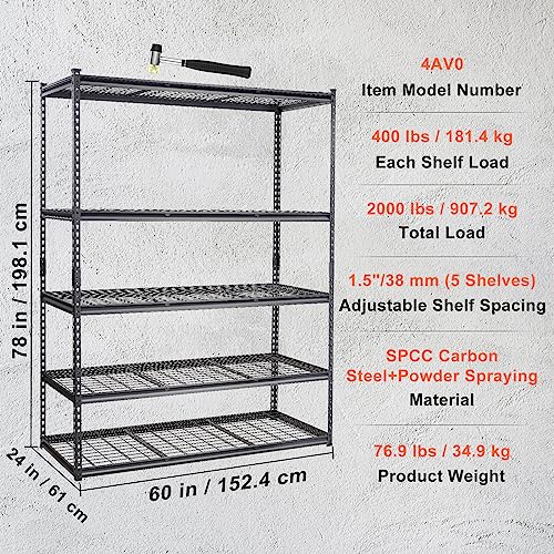 VEVOR Storage Shelving Unit, 5-Tier Adjustable, 2000 lbs Capacity, Heavy Duty Garage Shelves Metal Organizer Wire Rack, Black, 60" L x 24" W x 78" H for Kitchen Pantry Basement Bathroom Laundry Closet