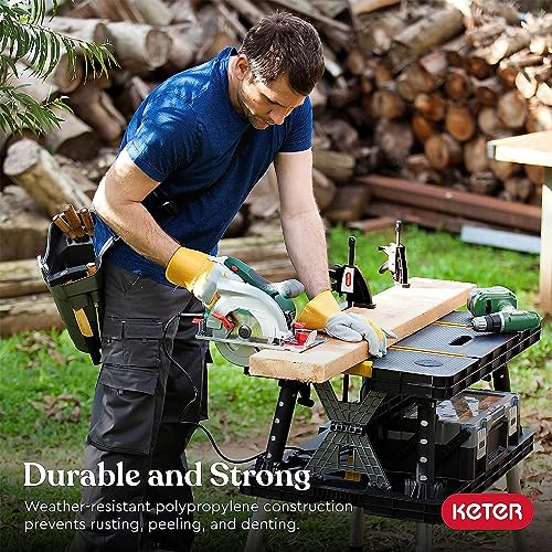Keter Heavy-Duty Folding Workbench with 1,000 Pound Capacity - Foldable Work Table for Garage, Woodworking, and Outdoor Workshop with 12 Inch Adjustable Clamps