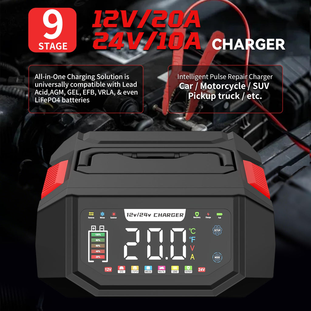 AIYONFEI Battery Charger 20A 12V/24V Fully Automatic Battery Maintainer & Trickle Charger, Adjustable (1-20A) Car Battery Charger with Repair, T/C for LiFePO4, Lead Acid, Deep Cycle Batteries (Red)